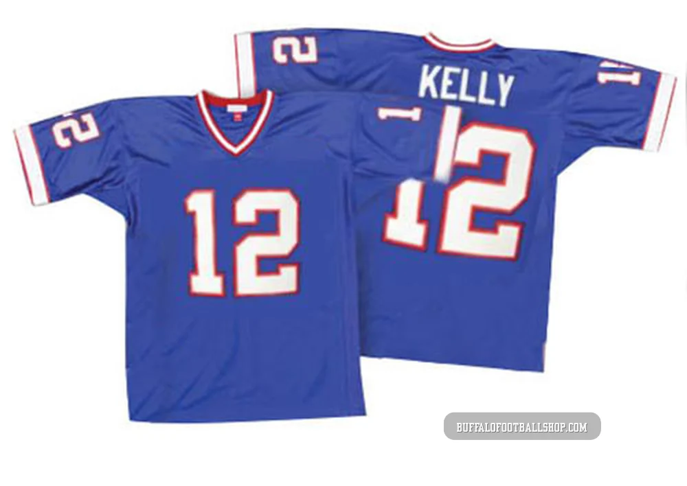 Jim Kelly ＃12 Buffalo Bills Authentic Royal Blue Men's Mitchell And Ness 35th Anniversary Patch Throwback Jersey