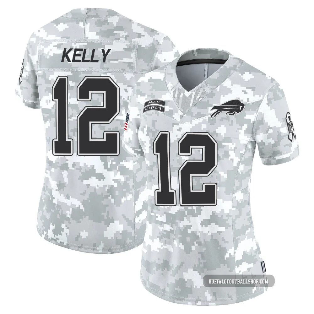 Jim Kelly ＃12 Buffalo Bills Limited Arctic Camo Women's 2024 Salute to Service Jersey